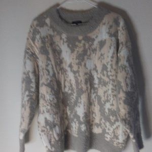 FRNCH Paris Fuzzy Heavy Knit Gray Pink White Abstract Crew Neck Sweater M/L EUC